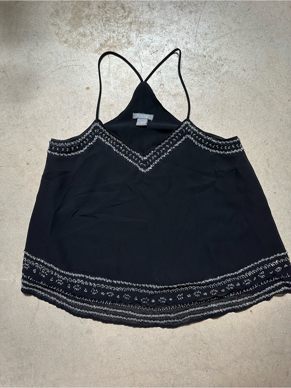 Angie Black Spaghetti Strap BeadedTank Double Lined Sheer Lightweight Festival - Picture 8 of 8